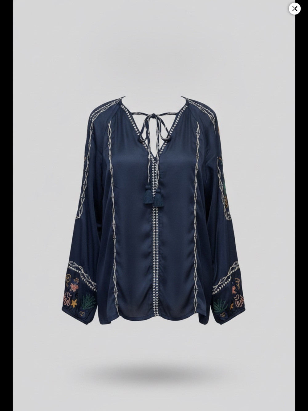Jade Navy Embroidered Peasant Tunic with Tassel Tie